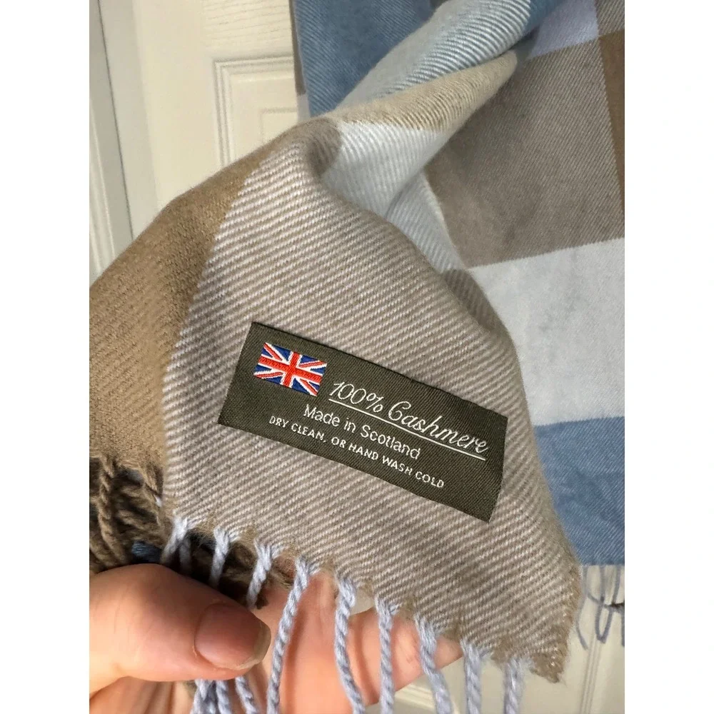 100% Cashmere Scarf Made in Scotland Blue Tan Grey Plaid Block Fringe Scarf